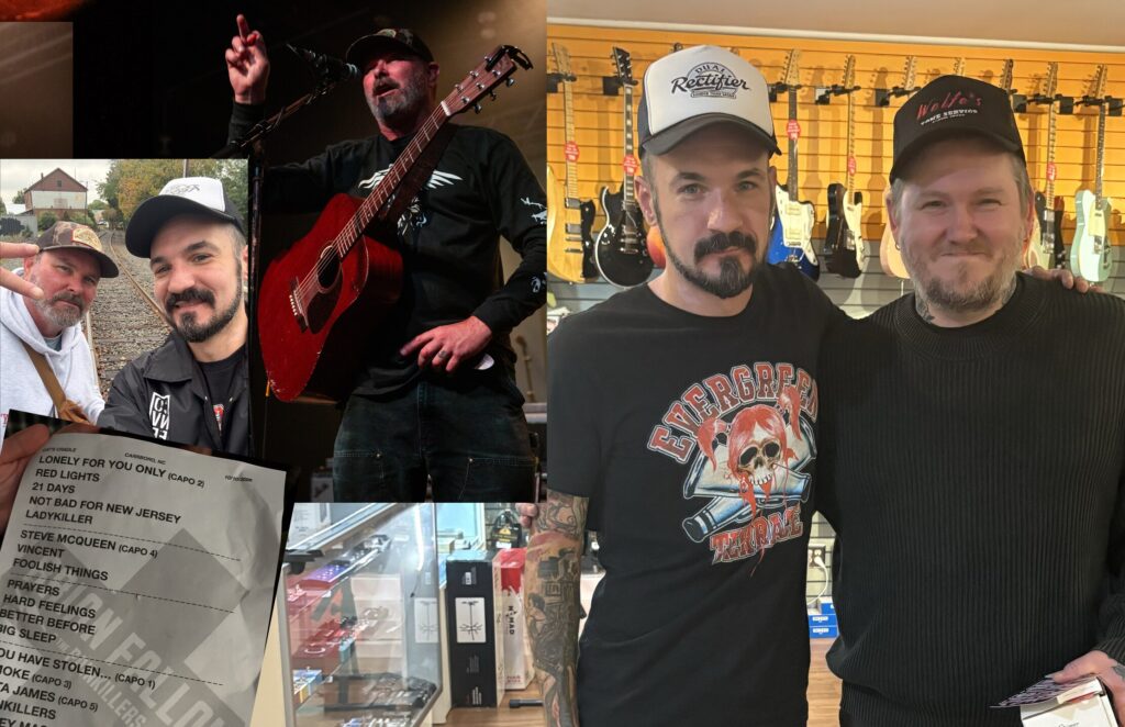 Collage from the Brian Fallon and Tim Barry show in Carrboro, NC: Brian Fallon on stage with an acoustic guitar, a railroad-track selfie, the Cat's Cradle setlist, and a guitar shop photo