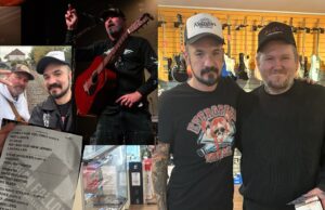 Collage from the Brian Fallon and Tim Barry show in Carrboro, NC: Brian Fallon on stage with an acoustic guitar, a railroad-track selfie, the Cat's Cradle setlist, and a guitar shop photo